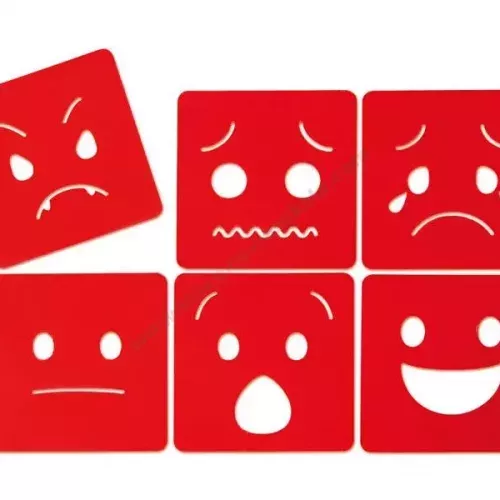 Red stencils to indicate emotions in 6 faces